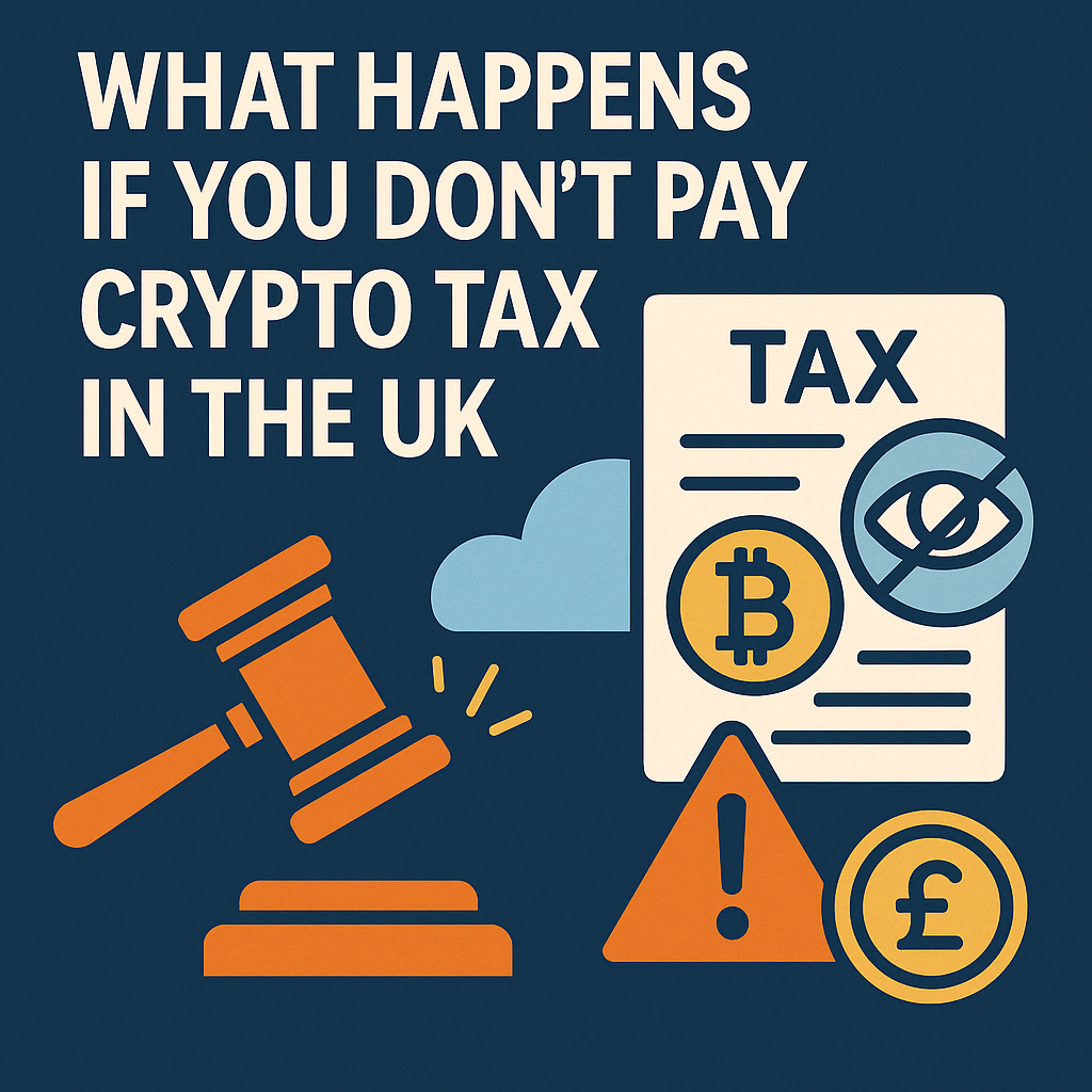 Graphic showing consequences of not paying UK crypto tax — penalties, HMRC tracking, and investigations — designed in a flat illustration style.